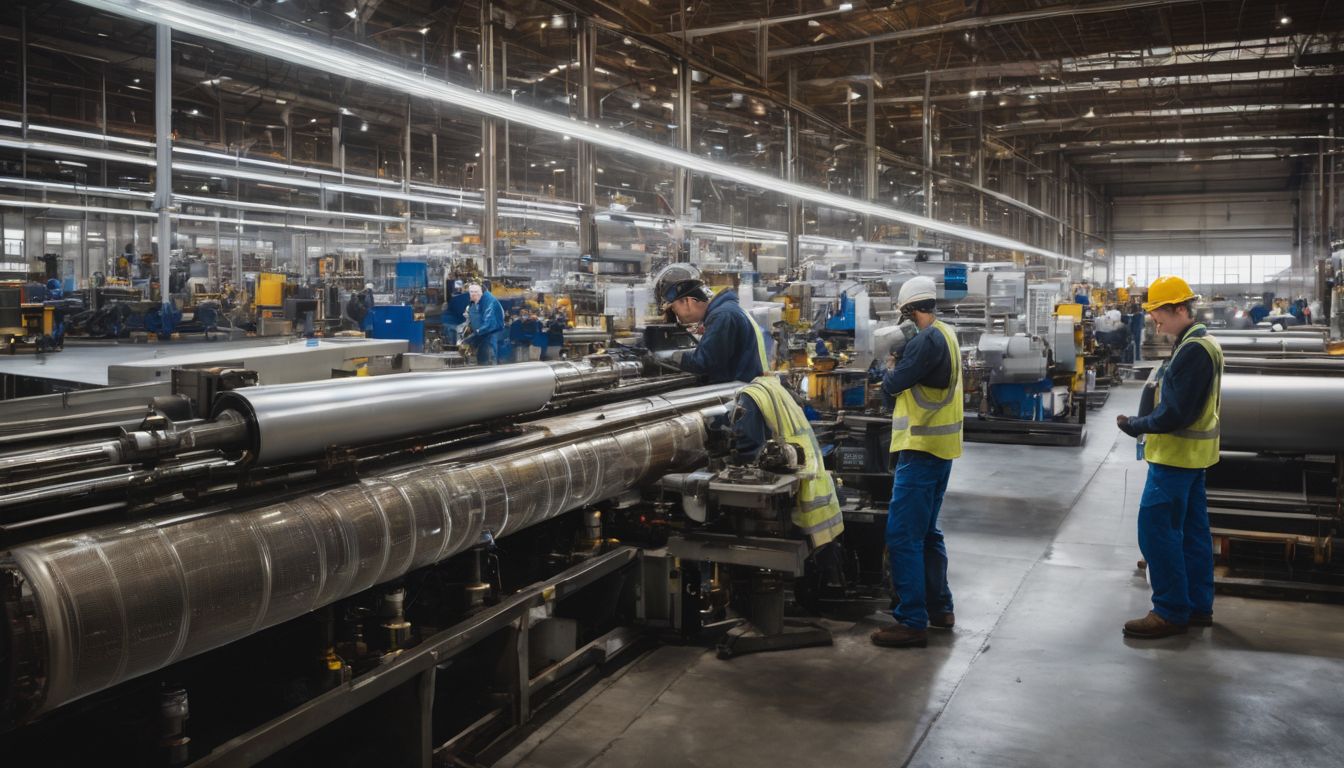 The photo shows a busy industrial facility with workers and machinery focused on production processes.