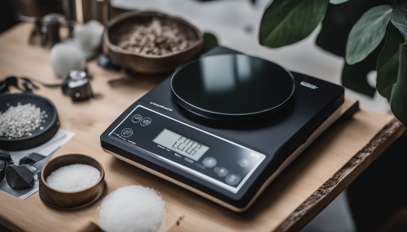 A precision scale surrounded by various manufacturing materials and nature photography, with different faces, hairstyles, and outfits.