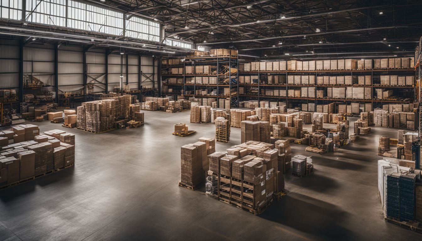 The warehouse is well-organized with neatly labeled inventory and a bustling atmosphere.