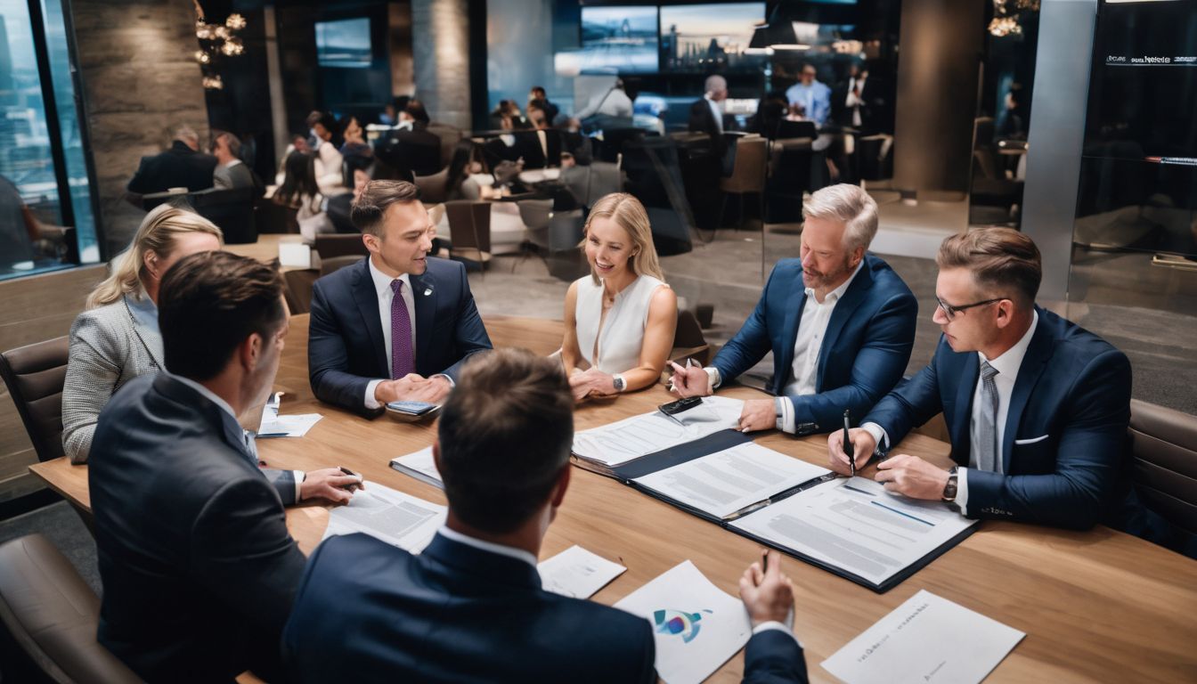 A group of investors discussing and signing stock purchase agreements in a bustling city setting.