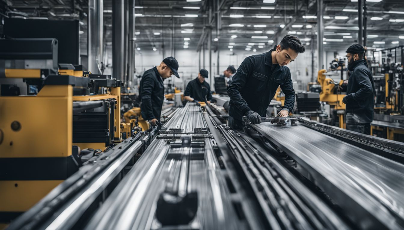 A modern factory production line with diverse workers and advanced machinery.