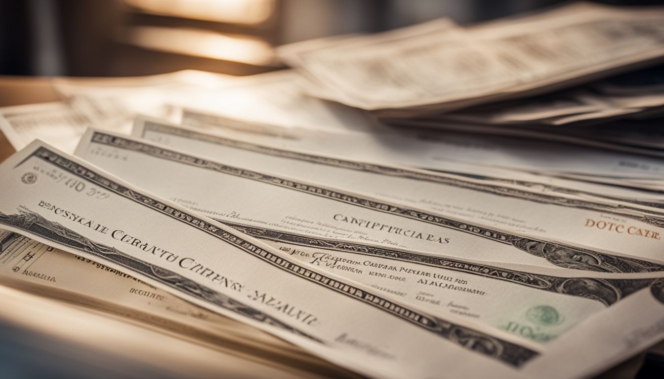 A stack of stock certificates against a bustling stock exchange background with diverse people and cityscape.